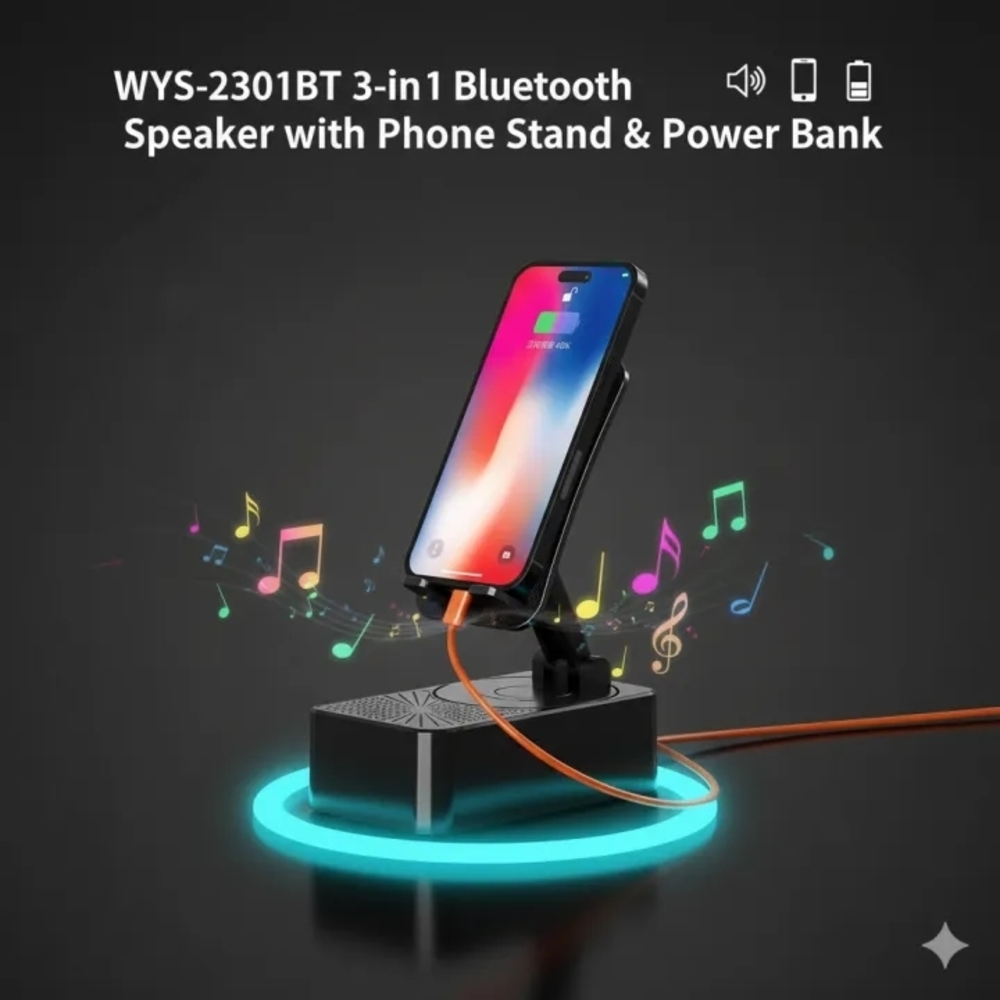 WYS-2301BT 2-in-1 Bluetooth Speaker & Phone Stand - Black
